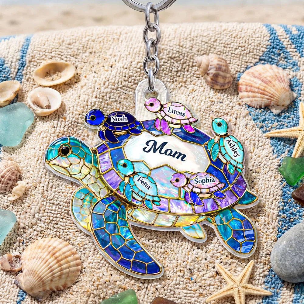 Personalized Sea Turtle Acrylic Keychain for Grandma - Bright Stained Glass Style Beach Charm, Unique Gift for Her