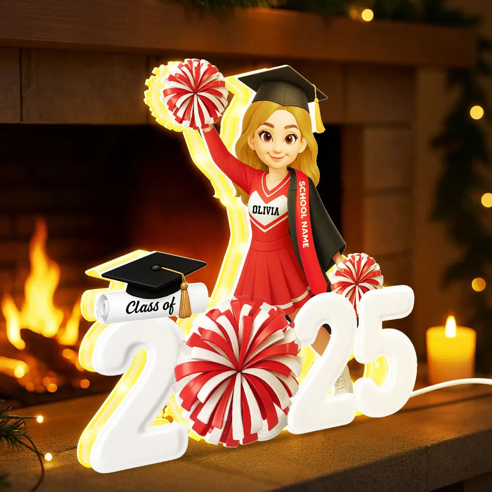 Personalized Acrylic Light Box Graduation Décor with Cheerleader Design & Warm Glow – Unique Gift for Class of Grad