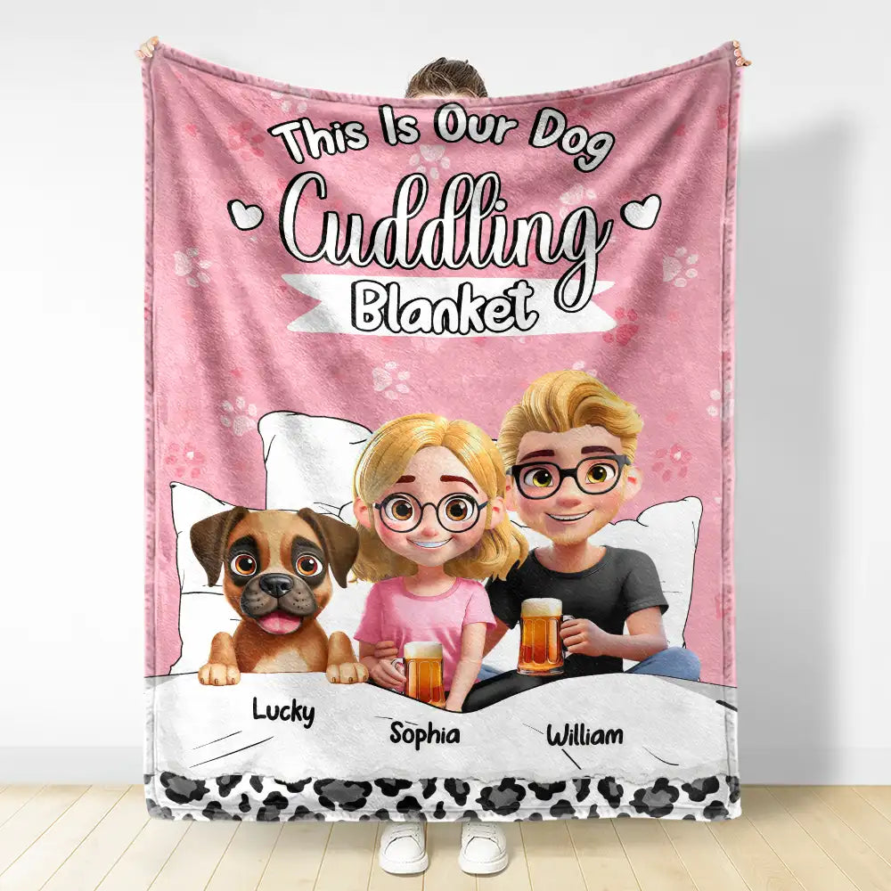 Our Dog Cuddling Fleece Blanket β Personalized Family & Dogs Bedtime Scene, Warm Lightweight Throw, Creative Gift for Pet Parents