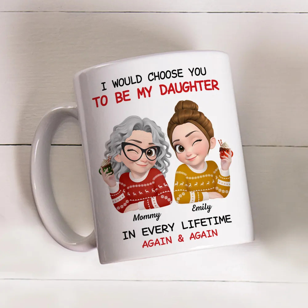 Personalized Mom and Daughter Ceramic Mug With Cute Winter Sweater Cartoon, Unique Gift For Mom, In Every Lifetime Again & Again