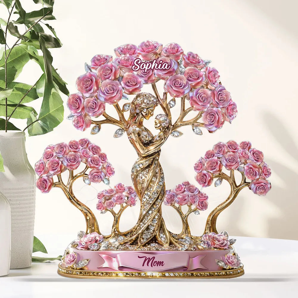 Personalized Shaped Acrylic Block Plaque with Mom and Child Under Rose Trees, Unique Heartfelt Gift for Mom