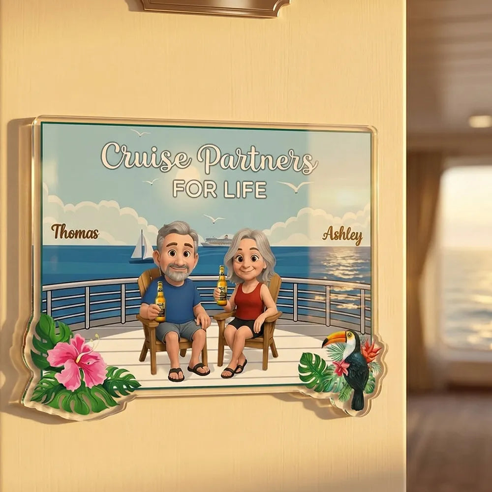 Personalized Acrylic Magnet Cruise Partners For Life Cartoon Couple on Deck, Unique Cruise Cabin Door Gift