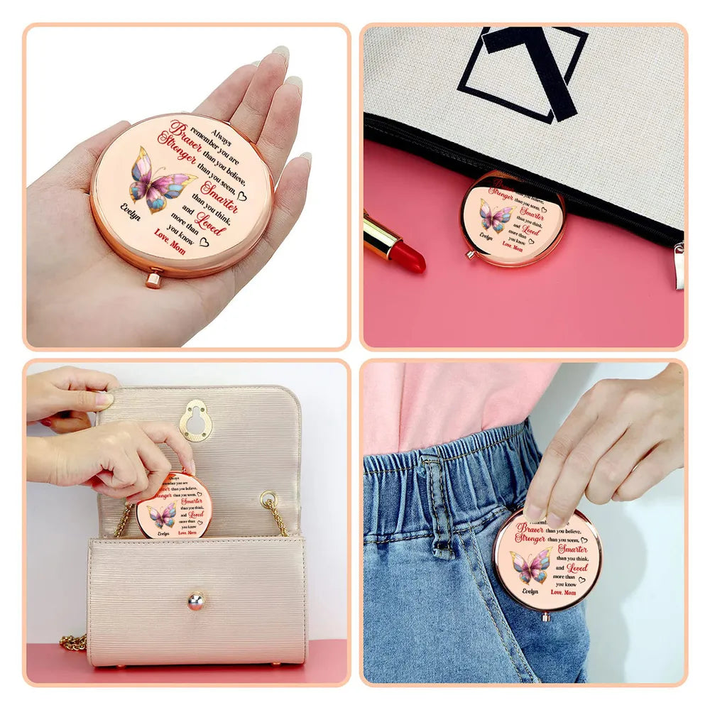 Personalized Metal Compact Mirror with Butterfly Quote, Encouraging Gift for Daughter or Friend, Braver Stronger Smarter Loved