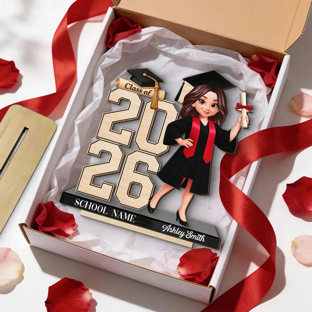 Custom Graduation Girl Character 2-Layer Wooden Plaque, Class Year Keepsake for Living Room Display, Thoughtful Gift