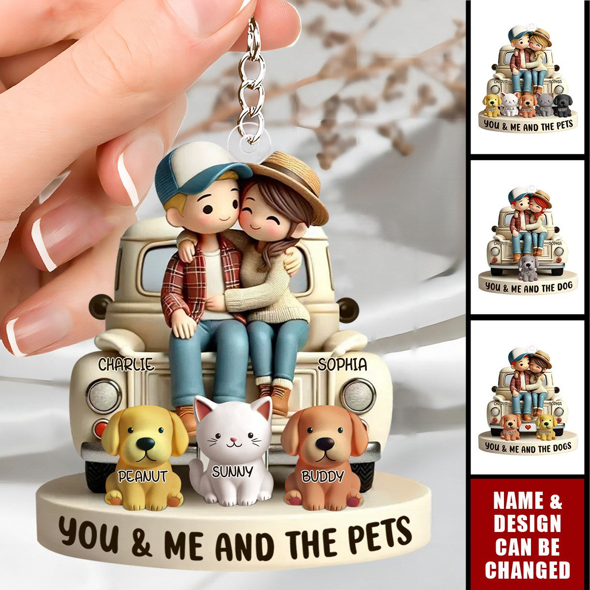 Couple and Pet Cartoon Acrylic Keychain – "You, Me, and the Pets" Personalized Gift