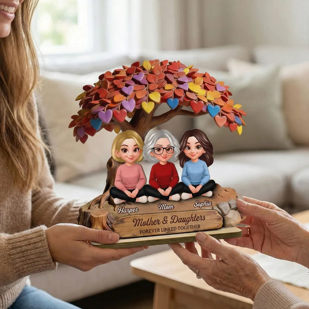 Personalized 2-Layer Wooden Plaque with Mom and Daughters Under Colorful Heart Tree - Unique Gift for Mom, Sweet Family Keepsake