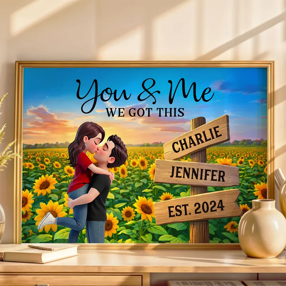 Romantic Personalized Poster for Couples, Hugging Kiss at Sunset Sunflower Field, Sweet Wall Art Gift for Her or Him