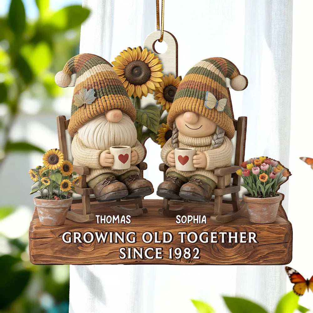 Wooden Ornament Personalized for a Couple, Cute Gnome Rocking Chairs with Sunflowers, Heartwarming Holiday Gift & Decor