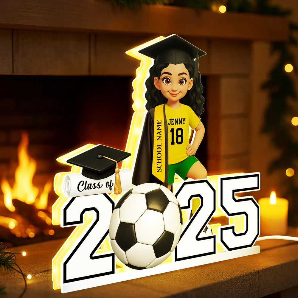 Custom Class Acrylic Light Box with Graduation Cap and Soccer Theme, Warm Atmosphere Lamp for Bedroom or Bookshelf, Memorable Gift