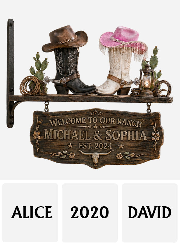 Cowboy Cowgirl Couple - Personalized Western Outfit Wooden Wall Mount Sign