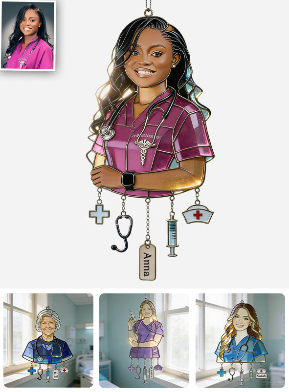 Gift For Nurse - Custom Any Photo - Personalized Nurse Window Hanging Suncatcher With Charms