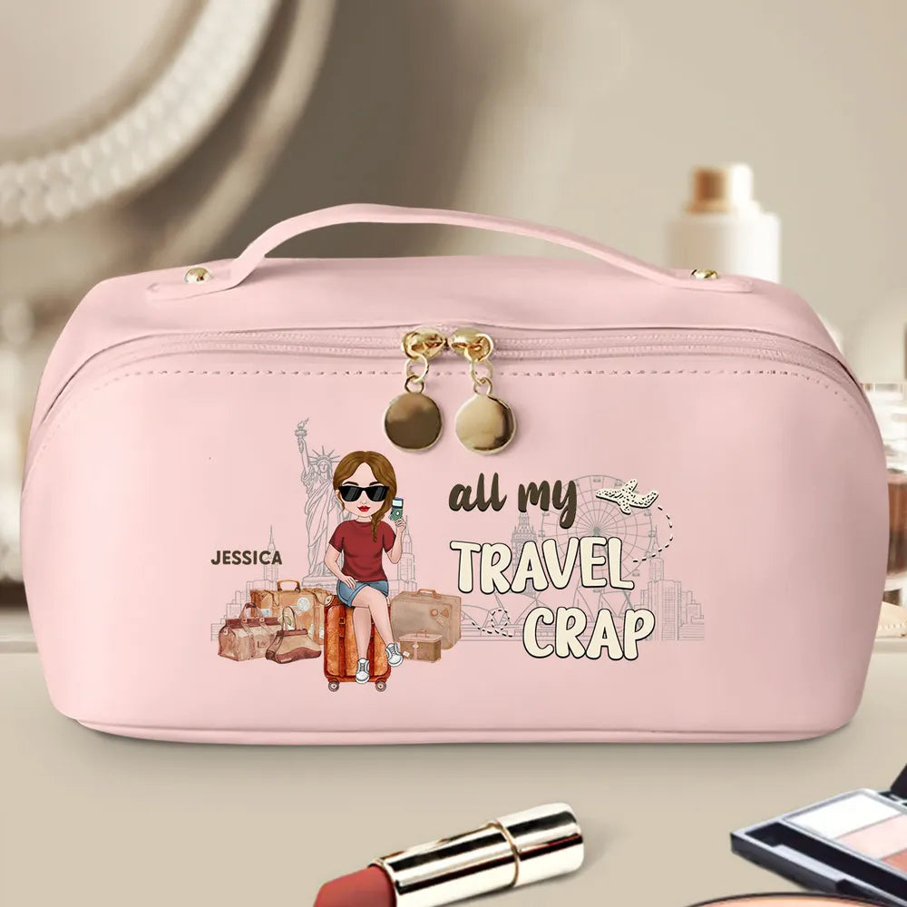 Personalized Leather Makeup Bag for Travel Lovers β Custom Cartoon Girl Design, Spacious Organizer, Unique Trendy Gift