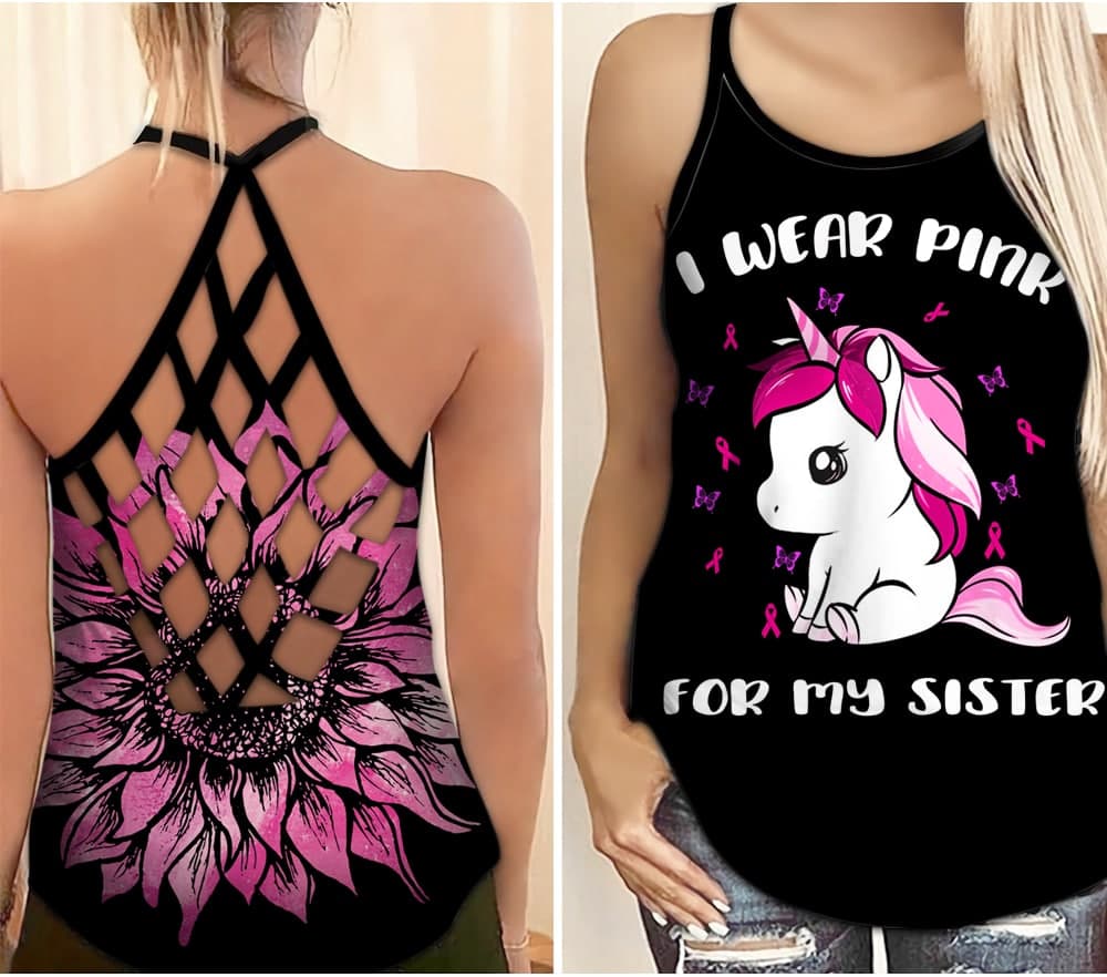 I Wear Pink For My Sister - Breast Cancer Awareness Cross Tank Top 0722