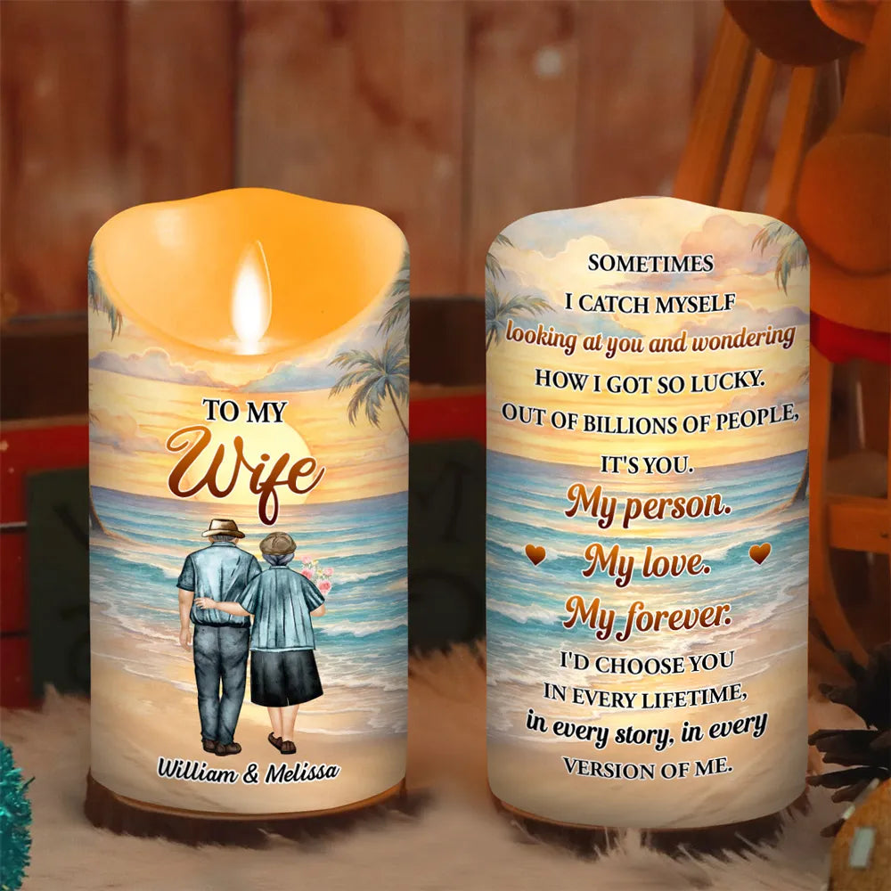 Personalized Flameless LED Candle with Sunset Couple Hugging Art Romantic Unique Gift for Wife Warm Glow Decor