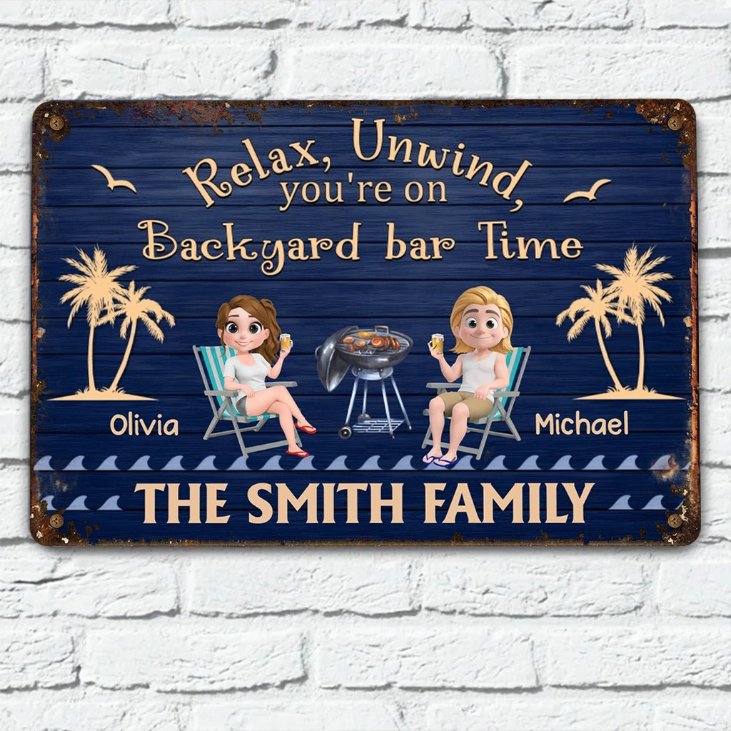 Personalized Patio Time Rectangular Iron Sign with Relax, Unwind Quote, Couple by the Grill, Unique Outdoor Gift