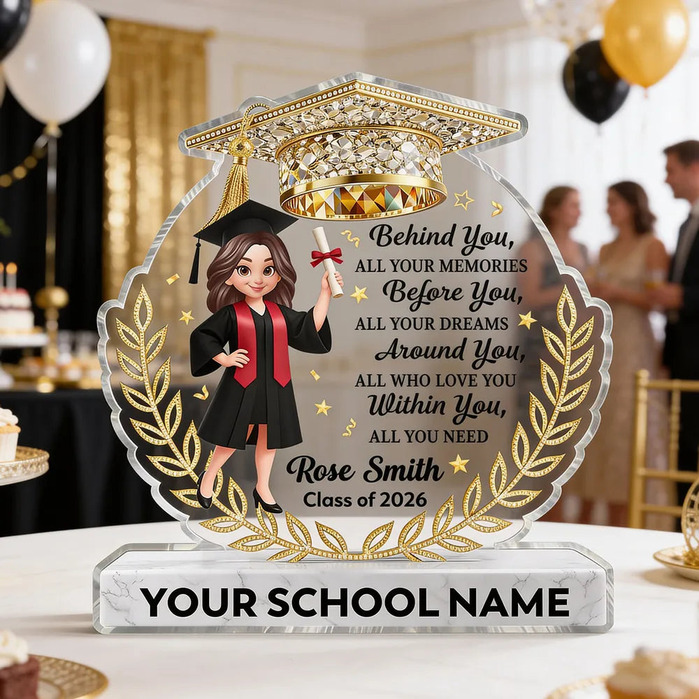 Personalized Shaped Acrylic Block Plaque Graduation Girl With Cap Quote, Unique Keepsake Gift for Grad, Shiny Gold Look Decor