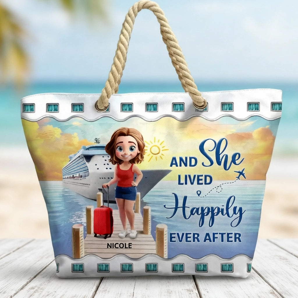 Personalized Rope Handle Canvas Bag Cruise Girl Beach Scene, Cute Cartoon Travel Gift for Cruise Lovers
