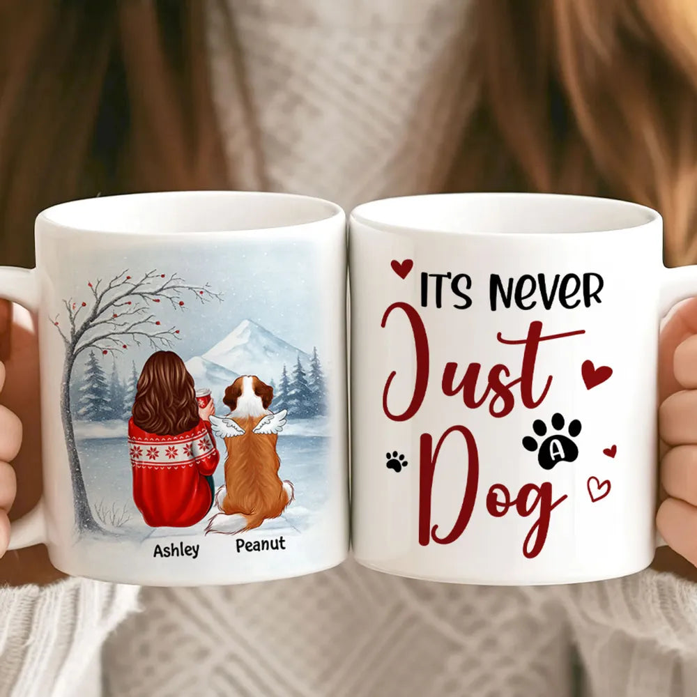 Personalized White Ceramic Mug for Dog Moms with Angel Pup Illustration, Winter Scene, Meaningful Pet Memorial Gift
