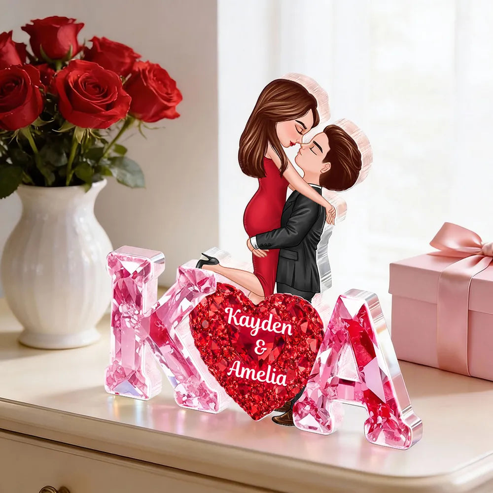 Personalized Shaped Acrylic Block Plaque With Couple Kissing Above Heart Initials, Unique Romantic Gift for Her or Him