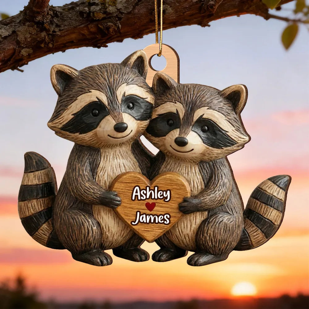 Wooden Ornament with Personalized Name Look, Adorable Animal Couple Hugging with Heart, Sweet Holiday Gift
