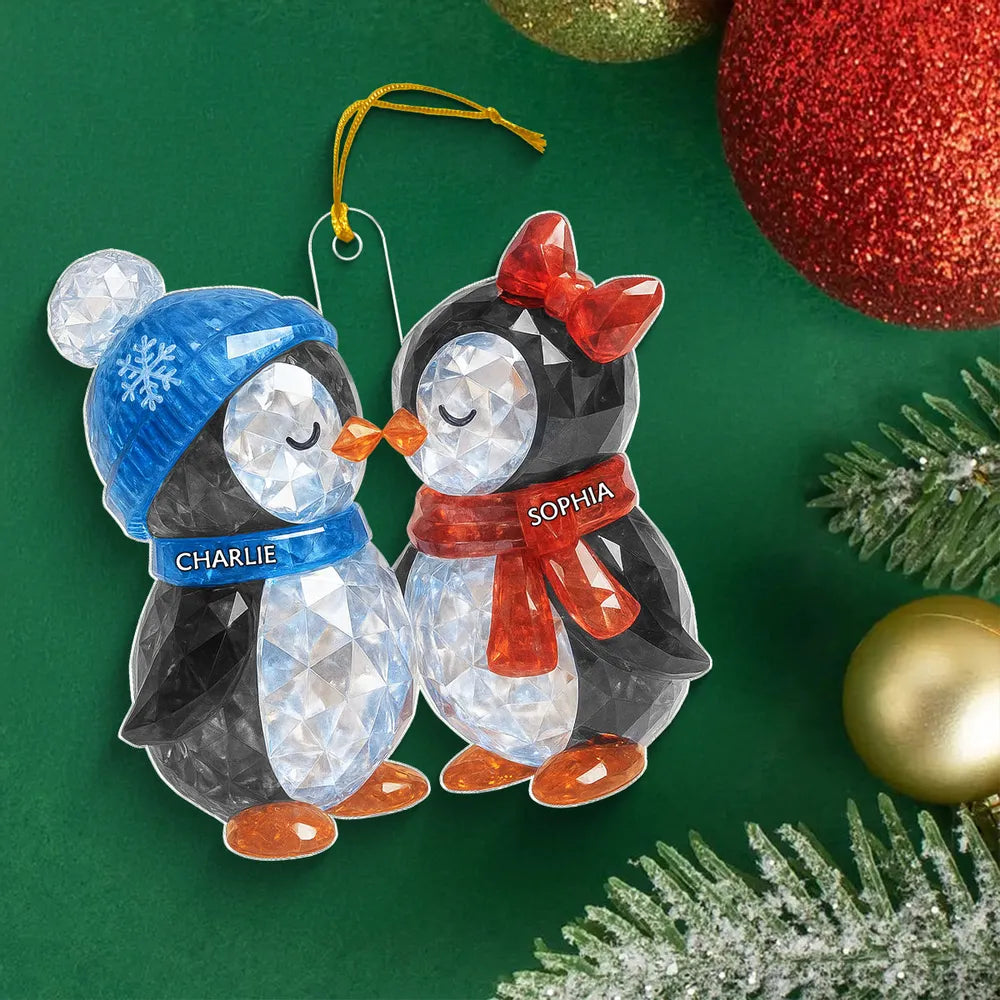 Personalized Acrylic Ornament with Kissing Penguin Couple β Cute Winter Scene, Festive Decor & Unique Christmas Gift