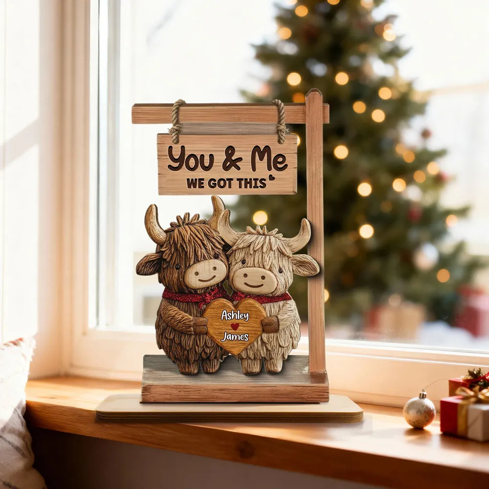 You & Me We Got This 2-Layer Wooden Plaque, Personalized Heart Name Sign with Adorable Cows, Unique Romantic Gift for Couples