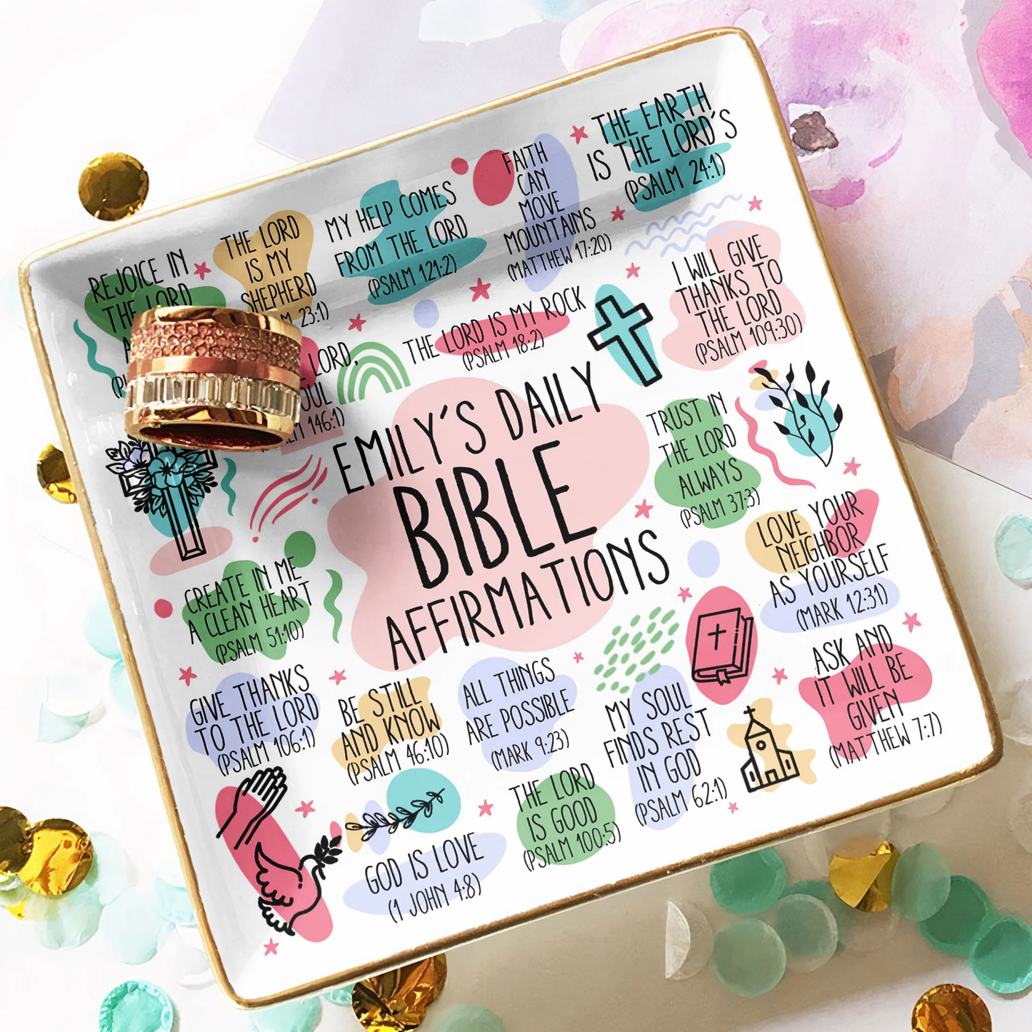 Pastel Christian Jewelry Dish with gold rim and faith quotes, perfect gift-ready tray for women, bedside or vanity use.