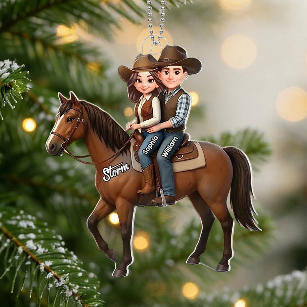 Personalized Acrylic Car Hanger Cute Cartoon Couple Riding a Horse, Unique Car Mirror Decor Gift for Horse Lovers