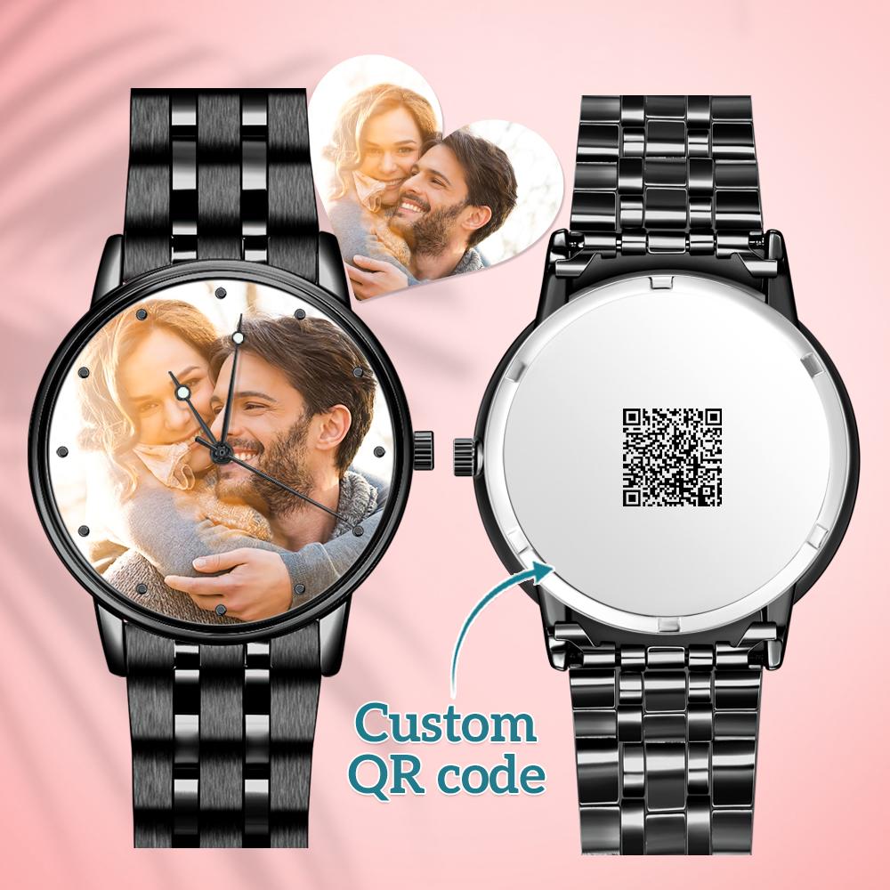 Personalized Engraved Men's Black Alloy Bracelet Photo QR Code