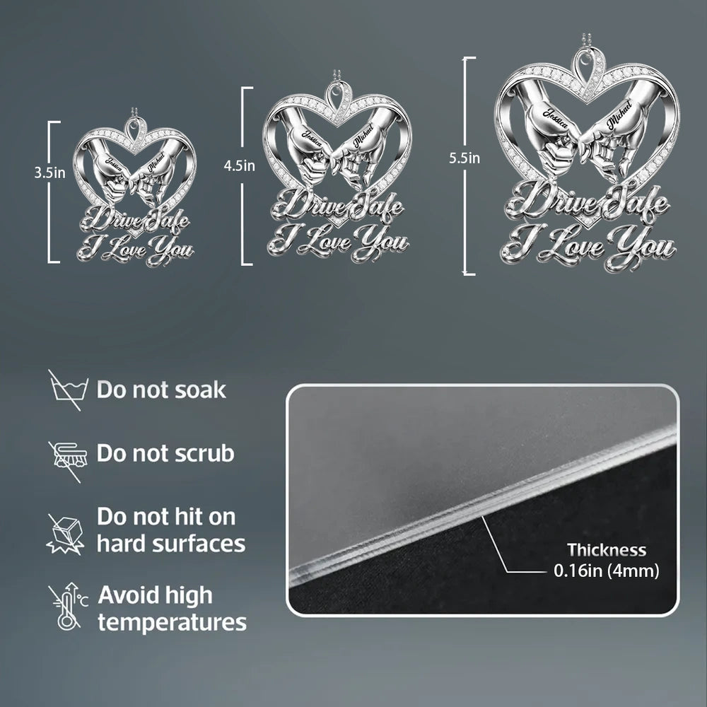 Personalized Acrylic Car Hanger Drive Safe I Love You Heart Hands Car Mirror Decor - Unique Gift for Couple