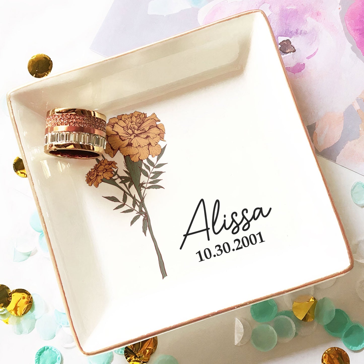 Personalized Jewelry Dish β Birth Month Flower Ring Tray with Name and Date