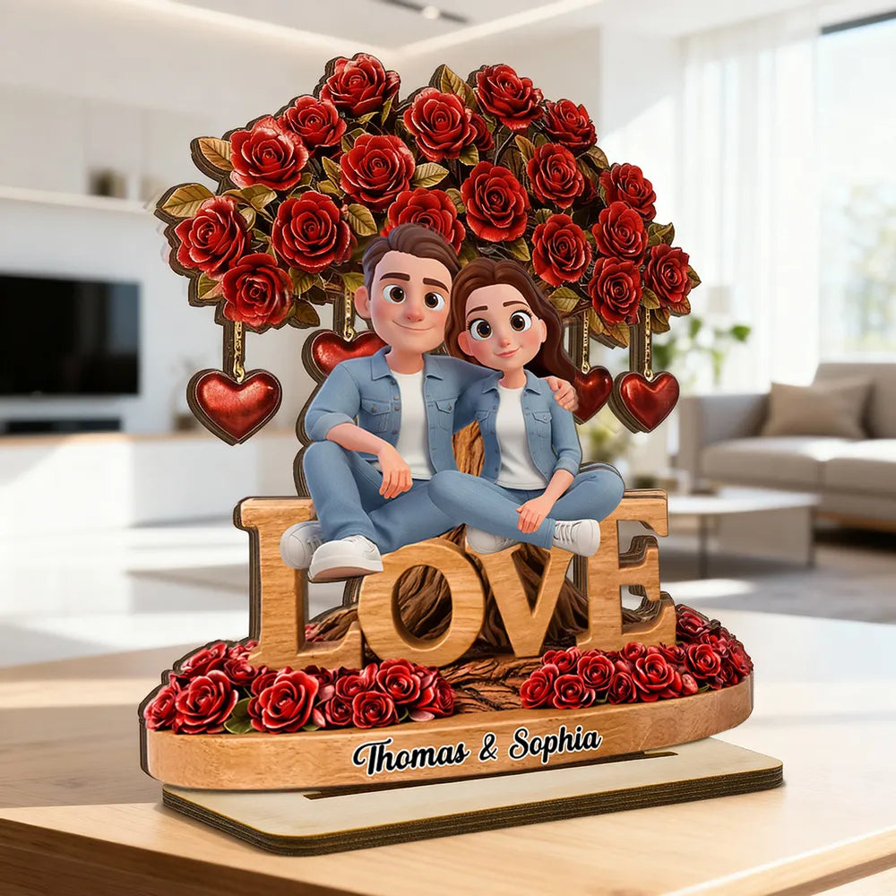 Personalized 2-Layer Wooden Plaque Couple on LOVE Bench with Rose Tree and Hearts, Unique Valentine's Day Gift