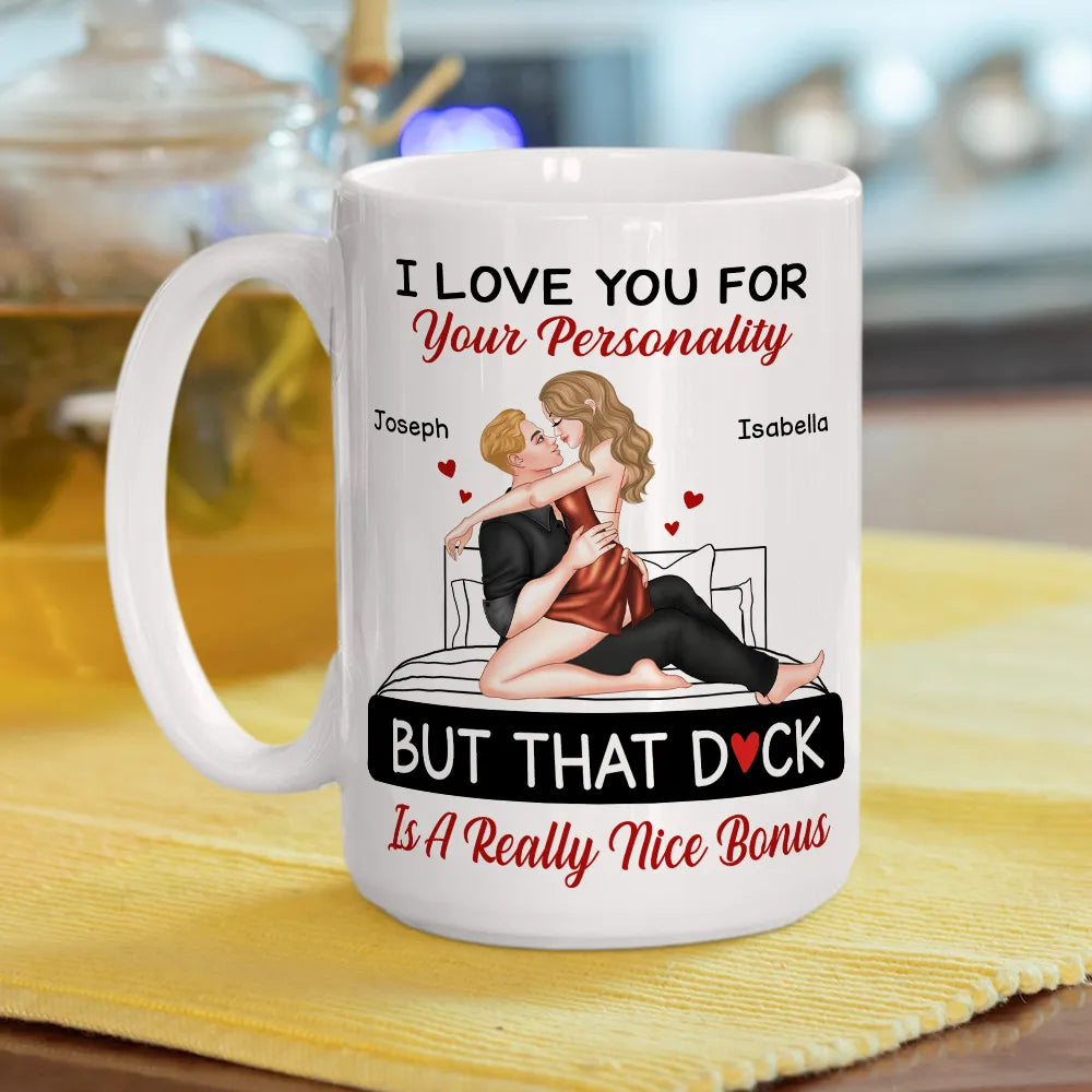 Personalized White Ceramic Mug for Couples with Hugging Bed Scene β Fun Romantic Coffee Gift, A Really Nice Bonus Surprise