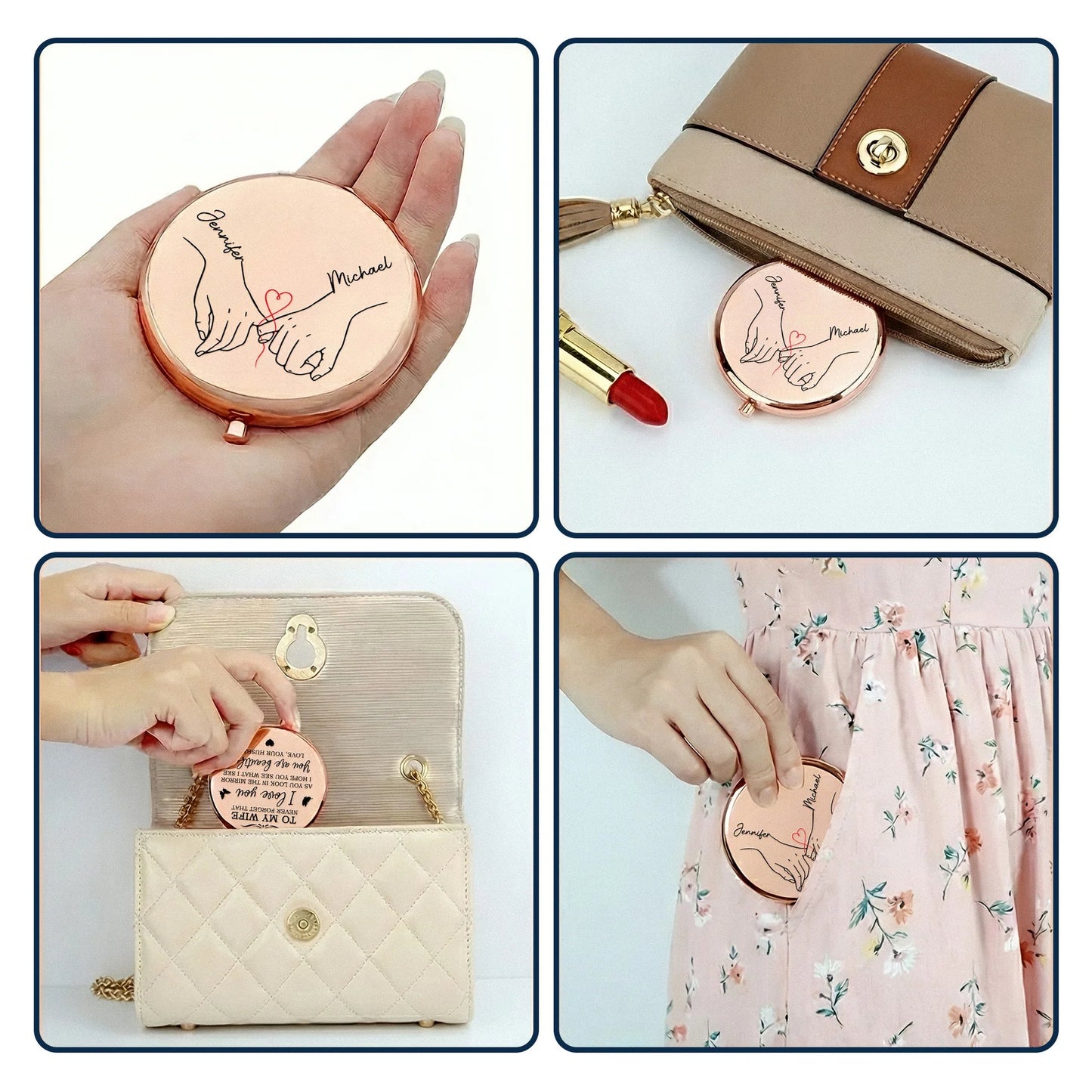 To My Wife Never Forget That I Love You Metal Compact Mirror, Elegant Rose Gold Gift for Her, Sweet Daily Reminder