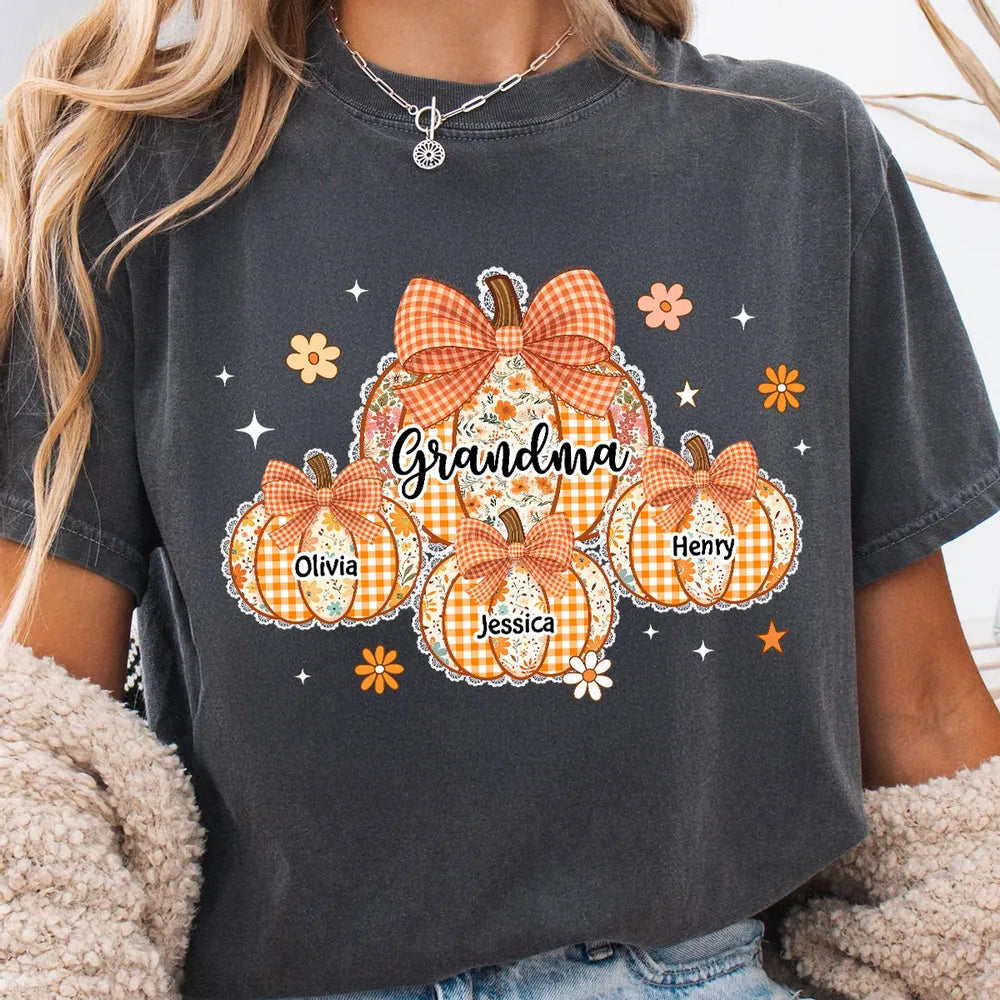 Grandma Pumpkin T-Shirt Personalized Family Names Autumn Theme Cozy Apparel Perfect Gift for Grandma