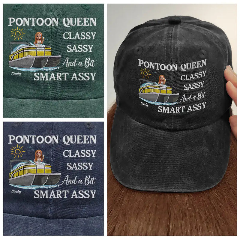 Pontoon Queen Classy Sassy Smart Assy Washed Denim Baseball Cap - Personalized Fun Boat-Day Cap, Easy Everyday Gift