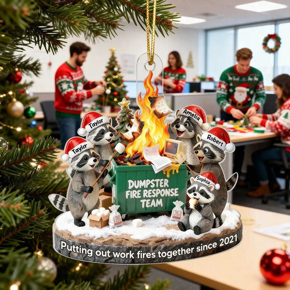 Funny Dumpster Fire Raccoon Acrylic Ornament for Work Besties β Personalized Holiday Office Gift