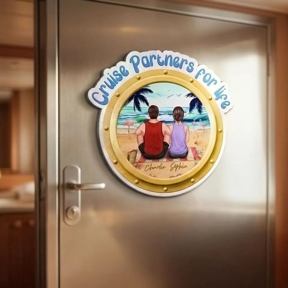 Personalized Cruise Partners for Life Acrylic Magnet, Back View Couple Sitting on a Beach Porthole, Unique Gift for Couples