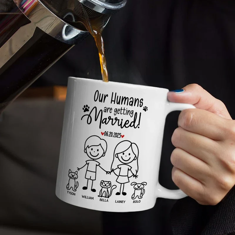 Personalized Ceramic Mug Our Humans Are Getting Married Stick Figure Couple Holding Hands Cute Pet Paws Unique Gift