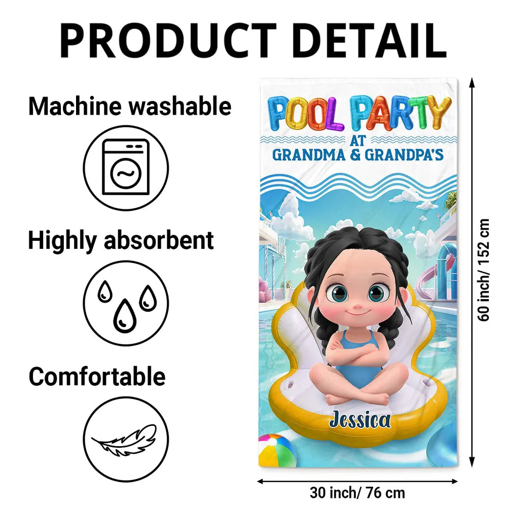 Pool Party at Grandma & Grandpa’s Personalized Beach Towel – Cute Summer Gift for Kids and Grandkids