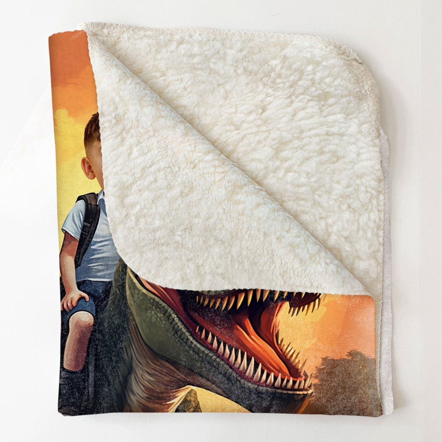 Fleece Blanket with Kid Riding a T-Rex, Customizable Dino Adventure Throw, sunset jungle, unique gift for kids