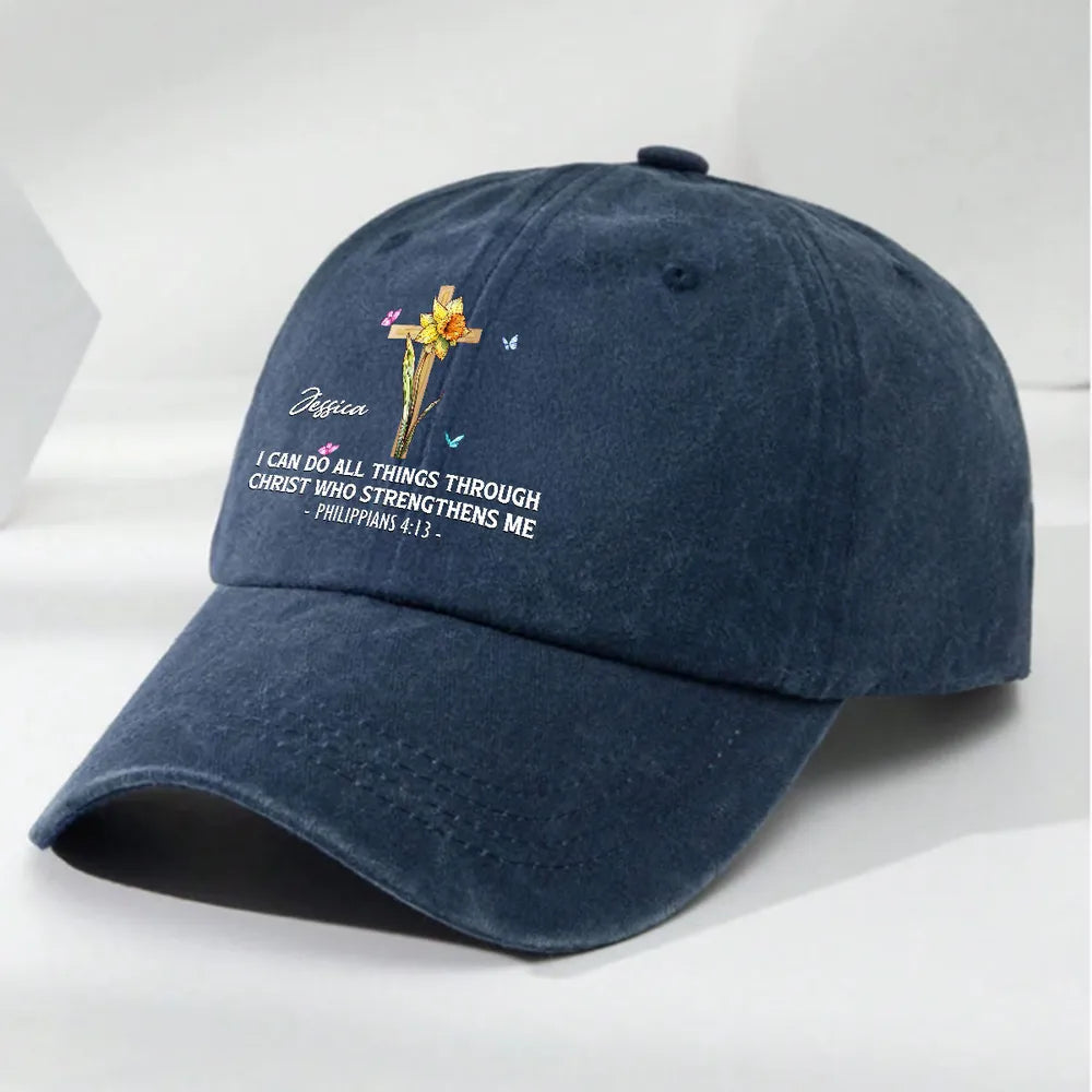 Personalized Washed Denim Baseball Cap With Faith Quote And Floral Cross Vintage Look Unique Christian Gift