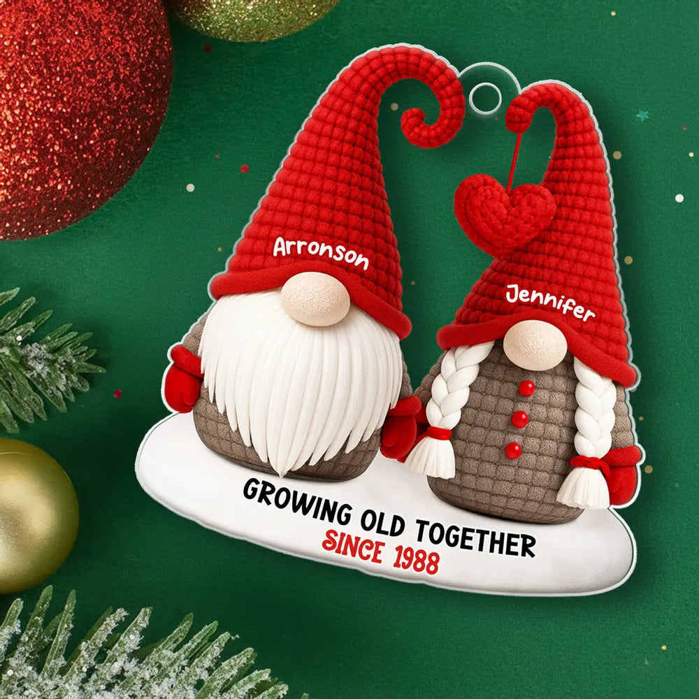 Personalized Acrylic Ornament with Cute Gnome Couple and Heart - Christmas Tree Decor, Unique Gift for Couples