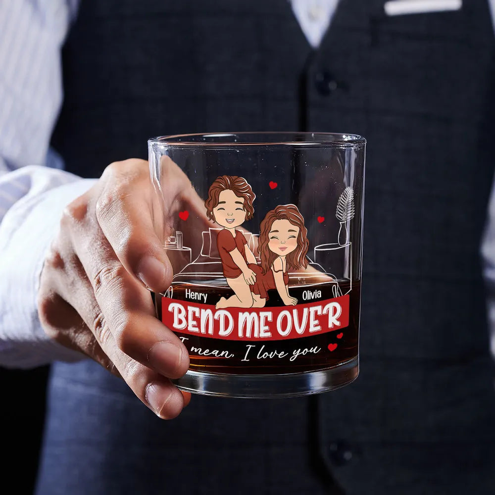 Custom Whiskey Glass with Playful Bedroom Couple Art 'I mean, I love you' Unique Romantic Gift