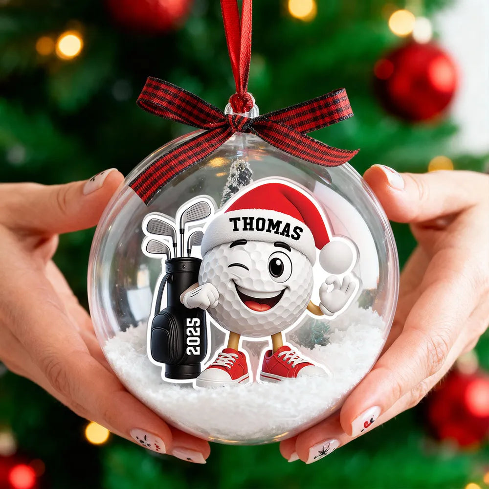 Snow Globe Ornament with Winking Santa Golf Ball, Christmas Tree Decor, playful keepsake, unique gift for golfers and Dad