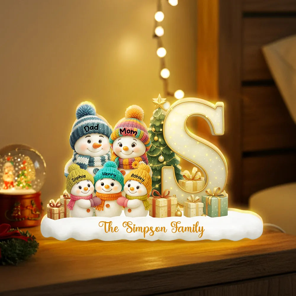 Snowman Family Christmas Acrylic Light Box | Personalized Initial Display, Perfect Gift for Families