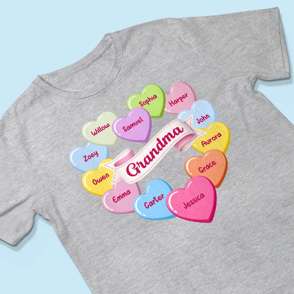 Personalized Grandma Classic Tee, Candy Heart Names Design for Valentine's Day, Unique Gift for Grandma
