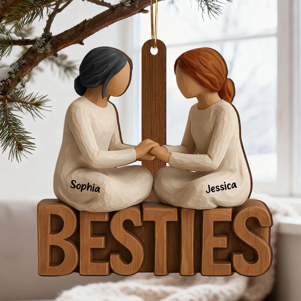 Wooden Ornament Besties Hand-in-Hand, Minimalist Carved Wood Design, Unique Gift for Best Friend, Ready to Hang