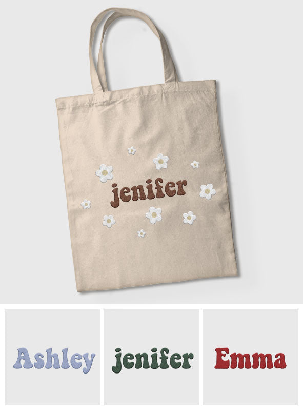 Custom Name With Flower - Personalized Daughter Embroidered Tote Bag