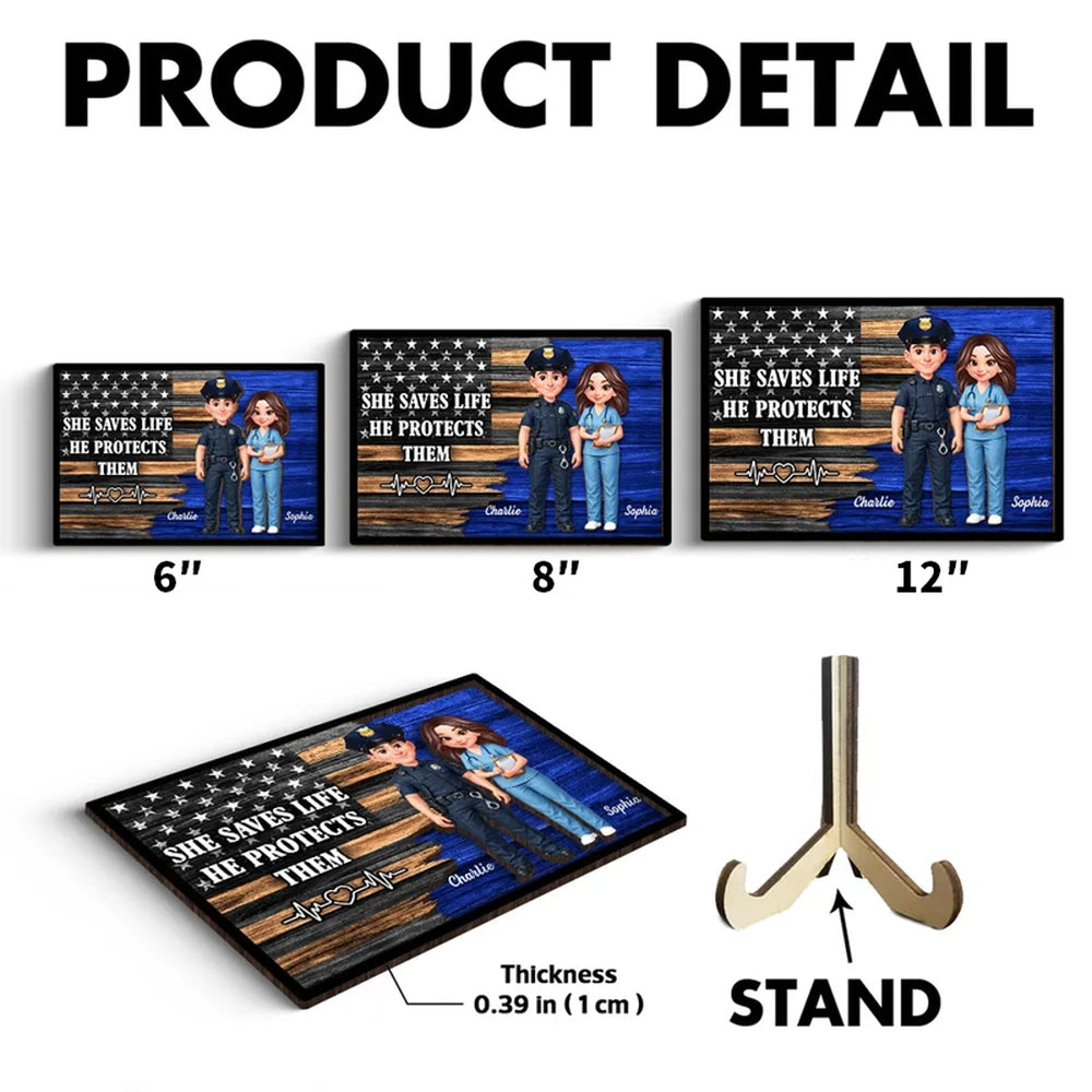 Personalized 2-Layer Wooden Plaque with Cute Cartoon Police Officer & Nurse on Thin Blue Line Flag - Unique Gift for Couples